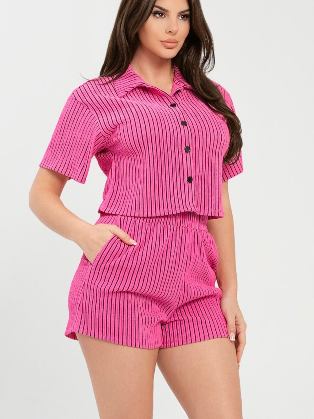 Texture Stripe Button Down Top And Shorts Set Hot Pink NEW